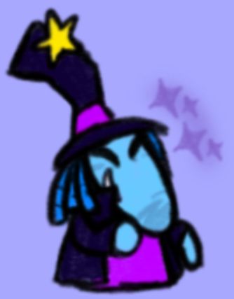 The Magician Teensie from Rayman Origins doing a mischievous laugh, while little star sparkles are around them