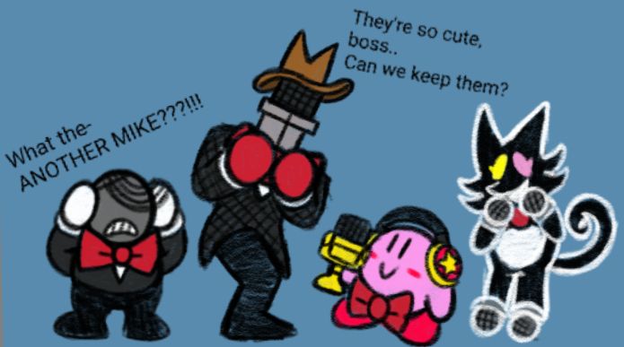 Small Mike (Battat) is shocked that there is another Mike!
Cowboy Mike (Jongler) and Cat Mike (Pluey) however love how cute Kirby looks :O
Kirby is just standing there looking cute, probably confused on why Small Mike is freaking out