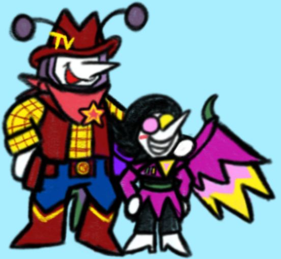 Tenna in his cowboy outfit with his arm around Spamton (Big shot era) with his Neo suit
They are doing the pose Woody and Buzz do (They're homies)