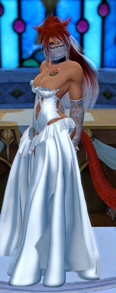 A red headed catgirl in a white dress.