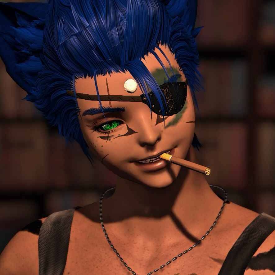 Close up of a blue haired girl with cat ears smiling and smoking a clove cigarette.