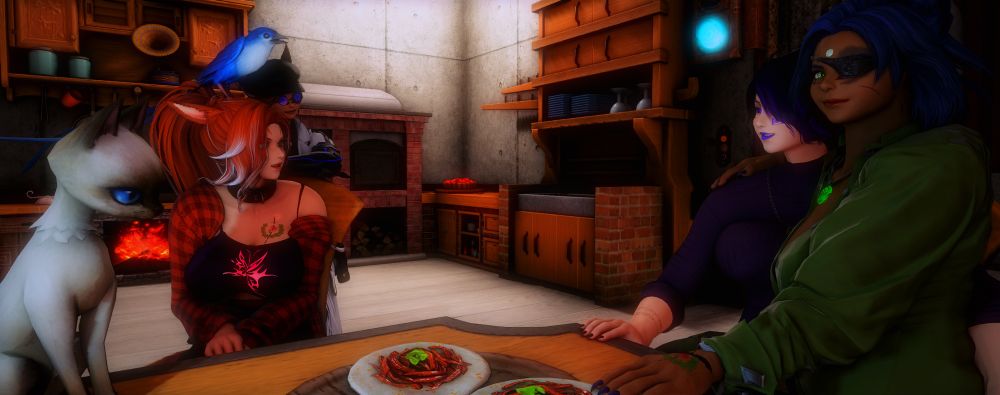 The family at the dinner table ti have some Xibruq Pibil. Hypatia, Kaira, Meteion, Minerva, Amethyst, and Aellae are all present for supper.