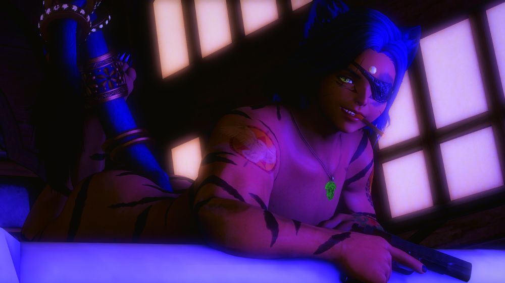 Aellae laying on her bed holding a pistol, legs crossed at the ankles, smiling at the camera.