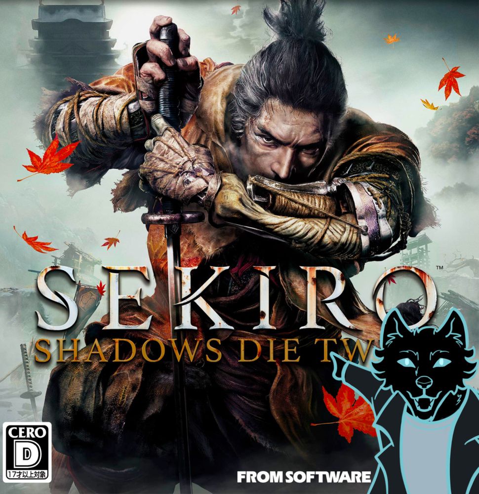 image of my pngtuber, Wolf, Pointing at the cover of Sekiro Shadows Die Twice