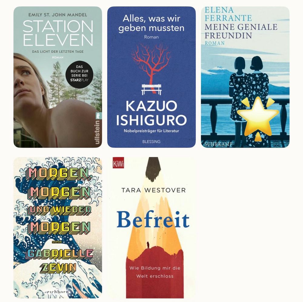 Ein Raster aus fünf Buchcovern:
	1.	Oben links: Station Eleven von Emily St. John Mandel – Eine Frau blickt nach oben, grüner Hintergrund.
	2.	Oben Mitte: Alles, was wir geben mussten von Kazuo Ishiguro – Blaues Cover mit stilisiertem Baum über einer Parkbank.
	3.	Oben rechts: Meine geniale Freundin von Elena Ferrante – Zwei Mädchen von hinten, Blick auf das Meer, Pastelltöne.
	4.	Unten links: Morgen, morgen und wieder morgen von Gabrielle Zevin – Farbintensives Cover mit Wellenmotiv und retro Schriftzug.
	5.	Unten Mitte: Befreit von Tara Westover – Illustration eines rot-gelben Bleistifts, der wie ein Berg aussieht, auf dem eine Figur steht.

Ein Buch ist mit einem gelben Stern markiert: Meine geniale Freundin.