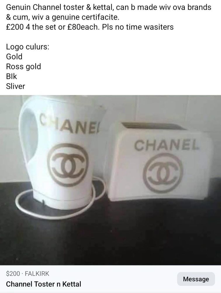Genuin Channel toster & kettal, can b made wiv ova brands & cum, wiv a genuine certifacite.
£200 4 the set or £80each. Pls no time wasiters
Logo culurs:
Gold
Ross gold
BIk
Sliver