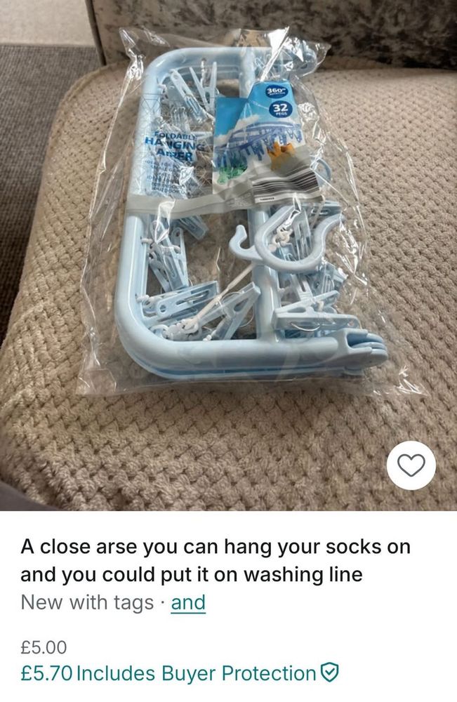 Vented listing: 

A close arse you can hang your socks on and you could put it on washing line