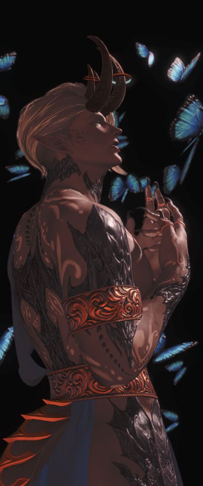 My character, Qin, is standing alone with his head tilted upward, eyes closed, and his hands lifted towards his chest. He is surrounded by blue morpho butterflies.