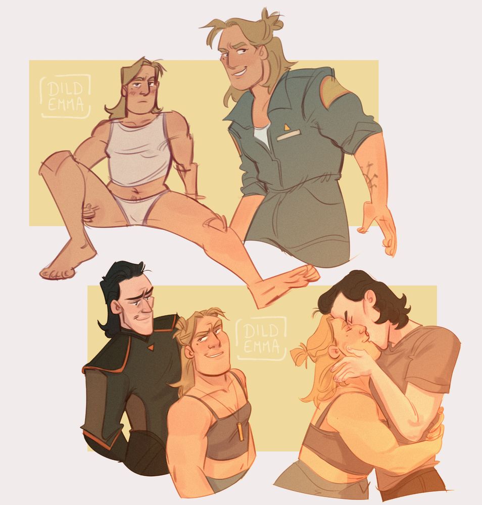 Four drawings on a yellow background. The top two are Astrid, a woman with a sharp jav and shoulder long, dirty blonde hair. The two drawings feature her in outfits inspired by Ellen Ripley (Alien). The bottom two drawings are Astrid in her normal outfit - A grey tanktop and cargo pants - paired with a variant of MCU Loki.
