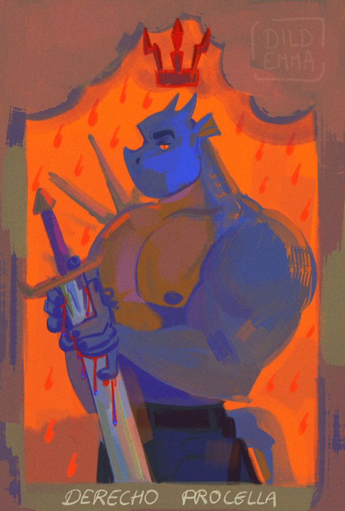 Derec standing in front of a sharp orange background, storm clouds raining blood behind him. He's holding a Talos sword, fingers around the blade so his fingers bleed red and blue. Above him is a red crown in the shape of 3 lightning bolts.