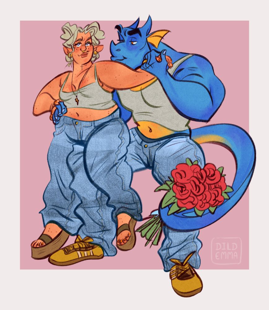 Blue dragonborn and half-elf woman together. Matching outfits for a photoshoot, both wearing a white top and washed out baggy jeans. The dragonborn is kissing her arm, while she is looking mildly annoyed but also forgiving. He is holding a bouquet of roses with his tail.