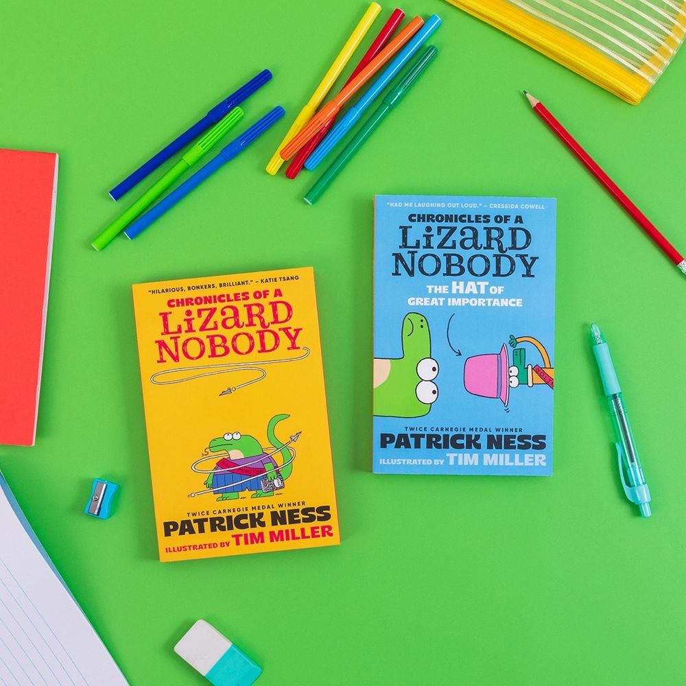 Covers of Chronicles of a Lizard Nobody and The Hat of Great Importance by Patrick Ness, illustrated by Tim Miller.