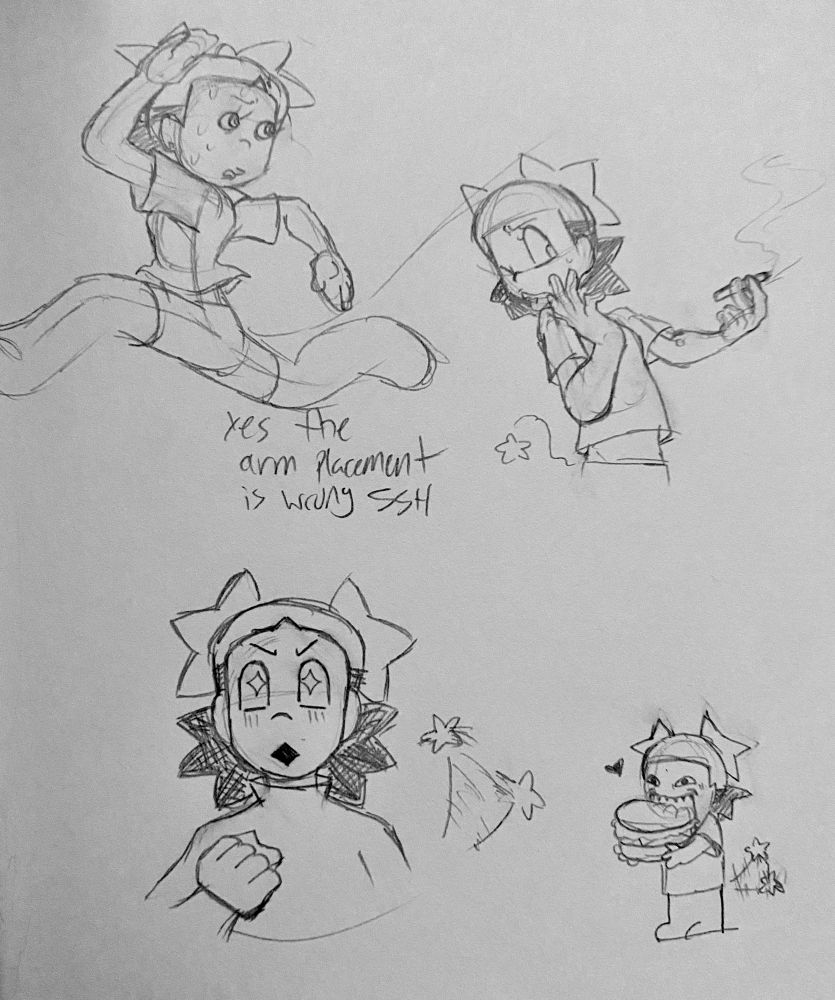 various sketches. the top left is aika running from something, top right is her being disgusted at the taste of a cigarette, bottom left is her with a look of admiration, and bottom right is her making a rather grotesque expression as she bites into a comically large cheeseburger. her tail can be seen wagging with the last two sketches