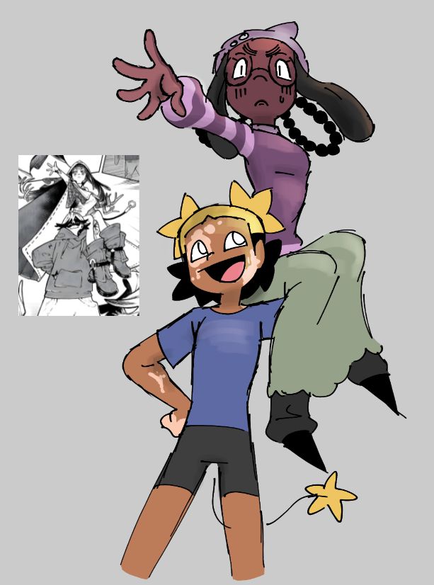 aika holding zira on her shoulder. zira has a triumphant look as she sticks out her hand while aika wears the 2000s awesome face. a screenshot from the manga GACHIAKUTA features two other characters (Fu and Amo) in the same pose, serving as the reference.