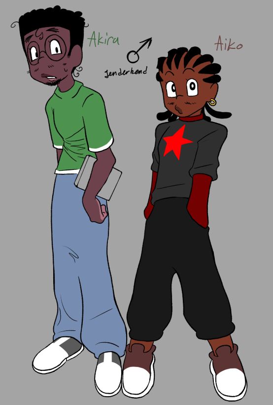 genderbent versions of Aika and Zira. Akira (Zira) stands on the left, wearing a green turtleneck(?), baggy light blue pants, and shoes that are gray and white. Aiko (Aika) stands on the right wearing a gray and maroon sweater with a red star on the front, dark gray pants, and shoes that are red in white.