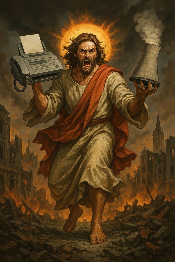 Ein wütender, heroisch dargestellter Jesus mit wehenden Gewändern schreitet durch ein zerstörtes, brennendes Deutschland. In seiner linken Hand hält er ein qualmendes Miniatur-Atomkraftwerk, in der rechten ein altmodisches Faxgerät. Hinter ihm lodert ein flammender Heiligenschein, während Rauch und Trümmer die apokalyptische Szenerie dominieren.
