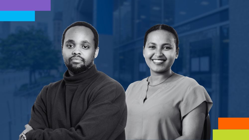 A digitally edited photo of Jean Francois Regis Manzi Ntwali and Bethlehem (Betty) Sisay Tefera, Mastercard Foundation Scholars in the MHSc program. Jean Francois is on the left, wearing a dark turtleneck with a serious expression, while Betty is on the right, smiling warmly. The background is a blue-tinted image of a university campus with colorful geometric design elements in the corners.