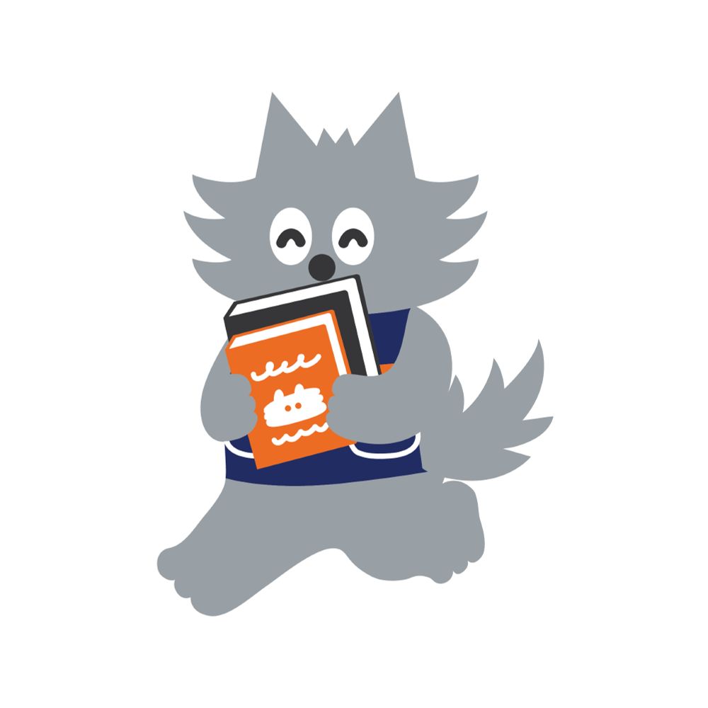本を抱えて笑顔で走る灰色のオオカミのキャラクター。名前は「めくるふ」。