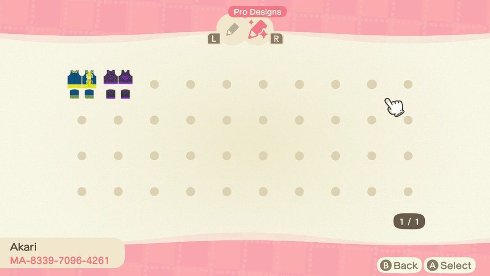 Akari's Pro Designs, with a Dress of Lupin Yellow's outfit from Super Sentai Lupinranger vs Patranger, and a Jacket with a Heart with a vaguely Goblin like design in the heart. Animal Crossing New Horizon Designer code MA-8339-7096-4261