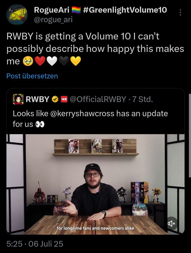 A tweet of myself retweeting the RWBY news saying "RWBY is getting a Volume 10 I can't possibly describe how happy this makes me 🥹❤️🤍🖤💛"