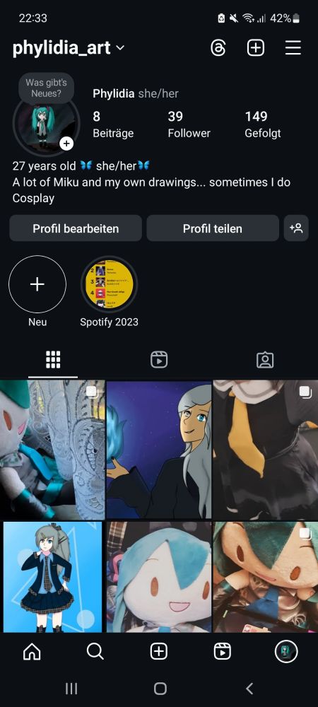 Bild von meinem Instagram Account, welches zeigt, dass ich 39 Follower hab. Der Name des Accounts lautet phylidia_art 