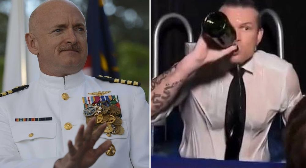 Mark Kelly in dress uniform with a chest full of medals juxtaposed with Pete Hegseth turning up a bottle of alcohol while wearing a booze-soaked shirt. 
