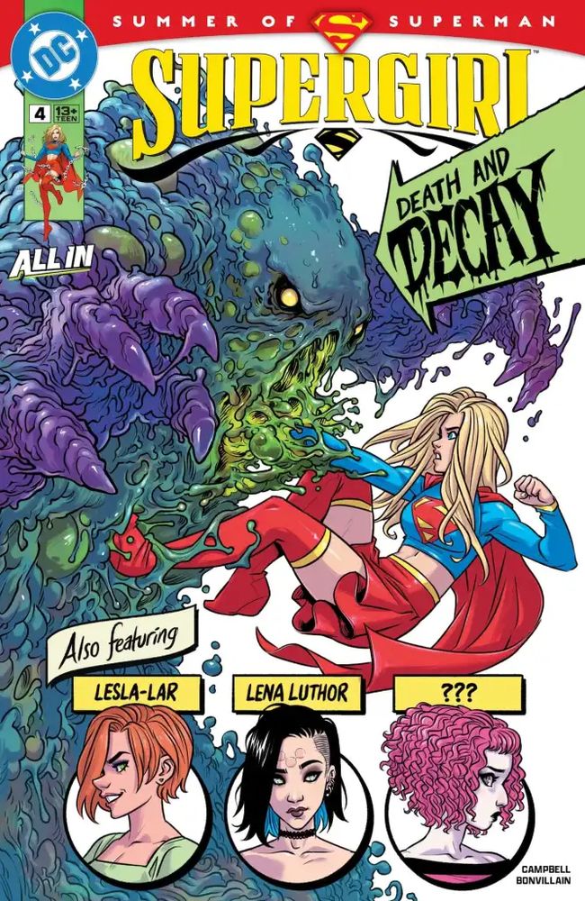Supergirl fighting a green & purple slime monster. There are three head shots at the bottom showing Lesla-Lar, Lena Luthor, and an unnamed pink-haired girl.