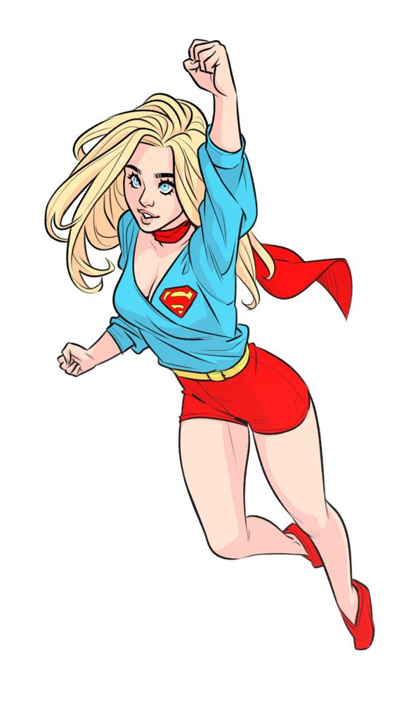 Supergirl flying, smiling, wearing a variation on her 1970s "cocktail waitress" costume.