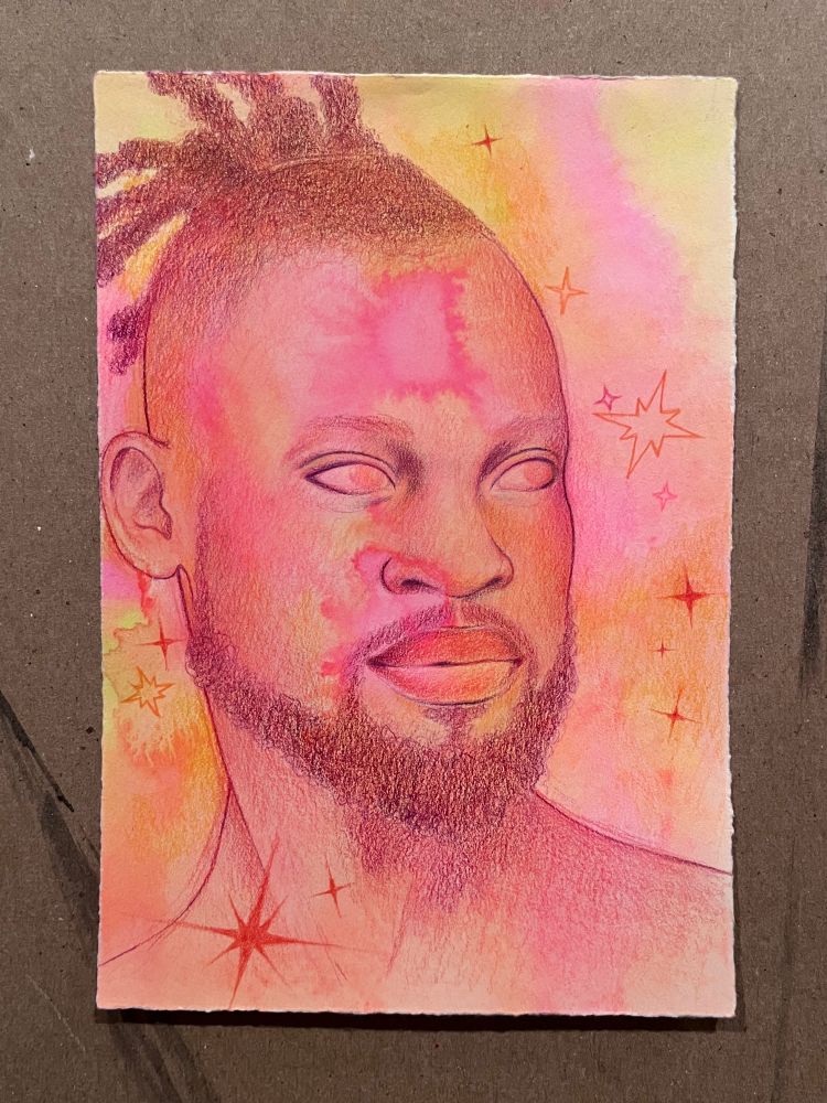 A sketch of a bust of Black man in colored pencil on a piece of paper that has been gouache- and ink-washed. The sketch is in red, pink, orange, and yellow hues. There are stars around the man. He is looking to his left (the viewer’s right). He has a beard with a connecting mustache and he has fairly short locs pulled up into a ponytail.