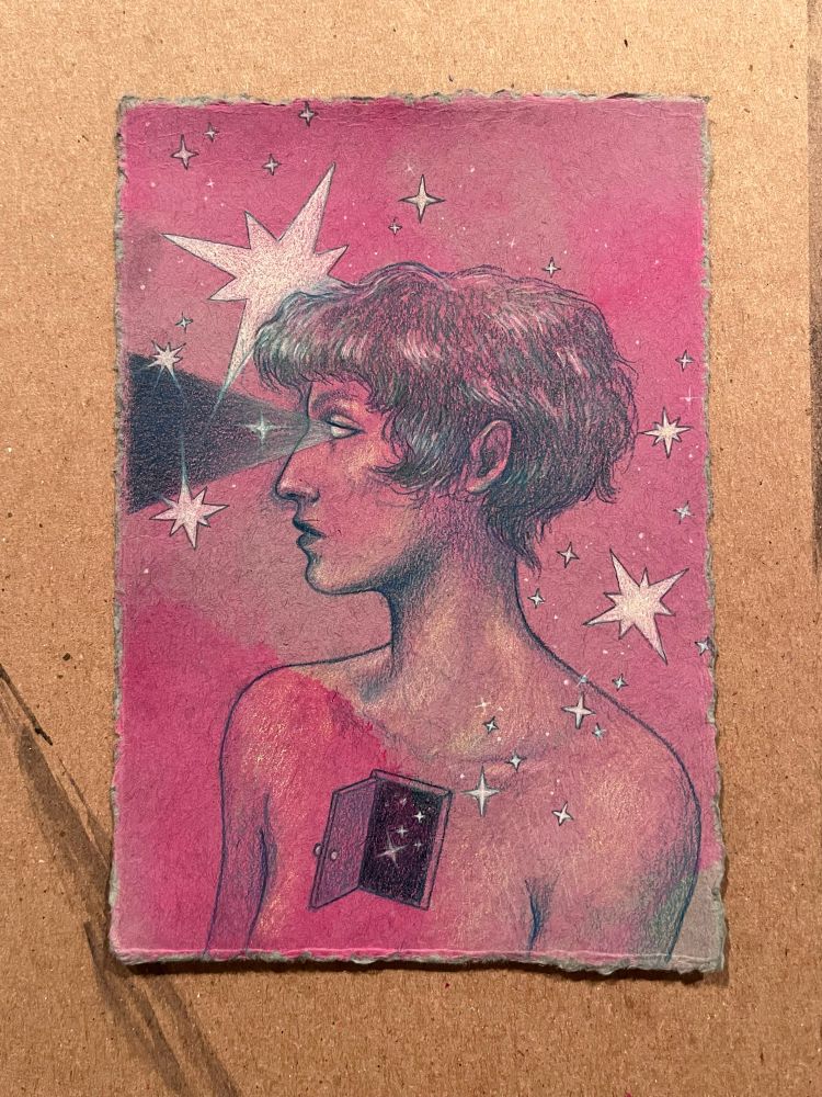 A small piece of paper with deckled edges on a cardboard background. The paper is blue toned but has a fluorescent pink ink wash on it. On top of the wash is a sketch of a woman looking to her right (left for the viewer). Out of her eye is a triangle of increasing darkness with a couple of stars in it. In her chest is an open doors with the same darkness/space and stars are flowing out of it and around her. 