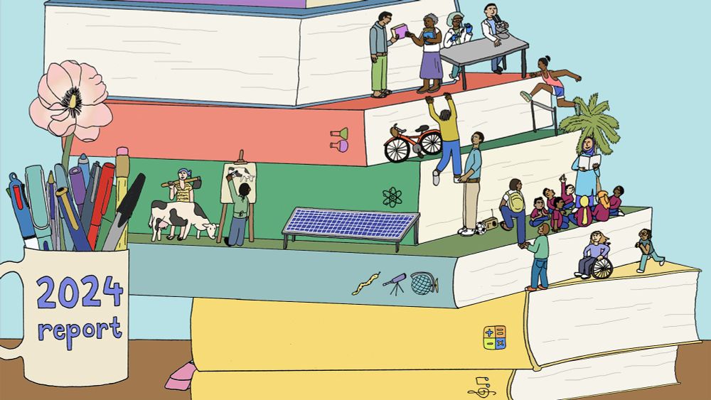 Mona Chalabi illustration for the UNHCR 2024 education report showing a pile of books that refugees children are climbing while learning and playing.