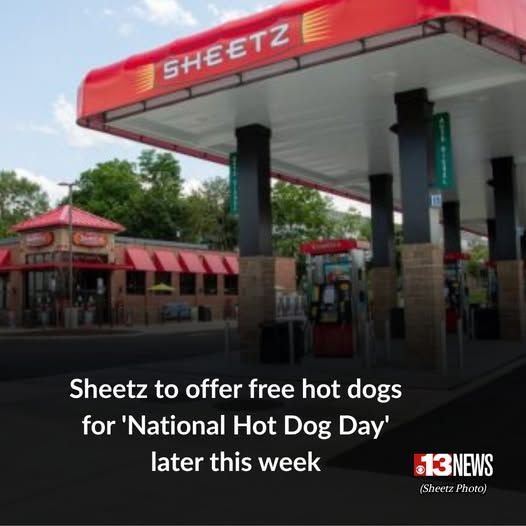 A screenshot from the news with the headline "Sheetz to offer free hot dogs for 'National Hot Dog Day' later this week.