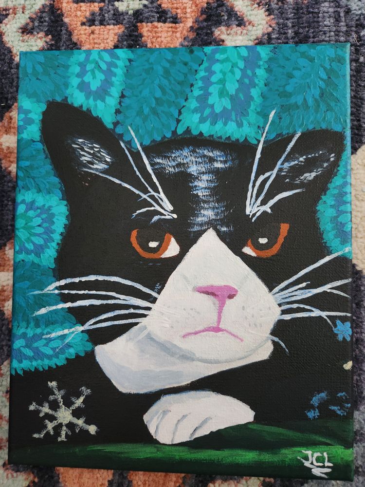 An acrylic painting of a tuxedo cat under a blanket.