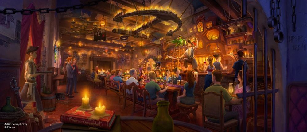 Tavern includes talking parrot, octopus dish, rum selections, plus non-alcoholic options and skull mugs