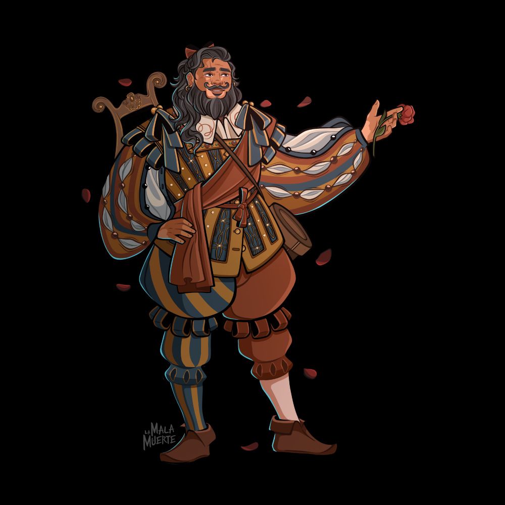 Character design art of a noble type bard character. He is beefy, has brown skin, patches of vitiligo on his face, black wavy hair he wears on a fancy ponytail. He stands dramatically surrounded by flower petals, wearing a ridiculously ornamented doublet with puffy trunk hose. He's lovely.