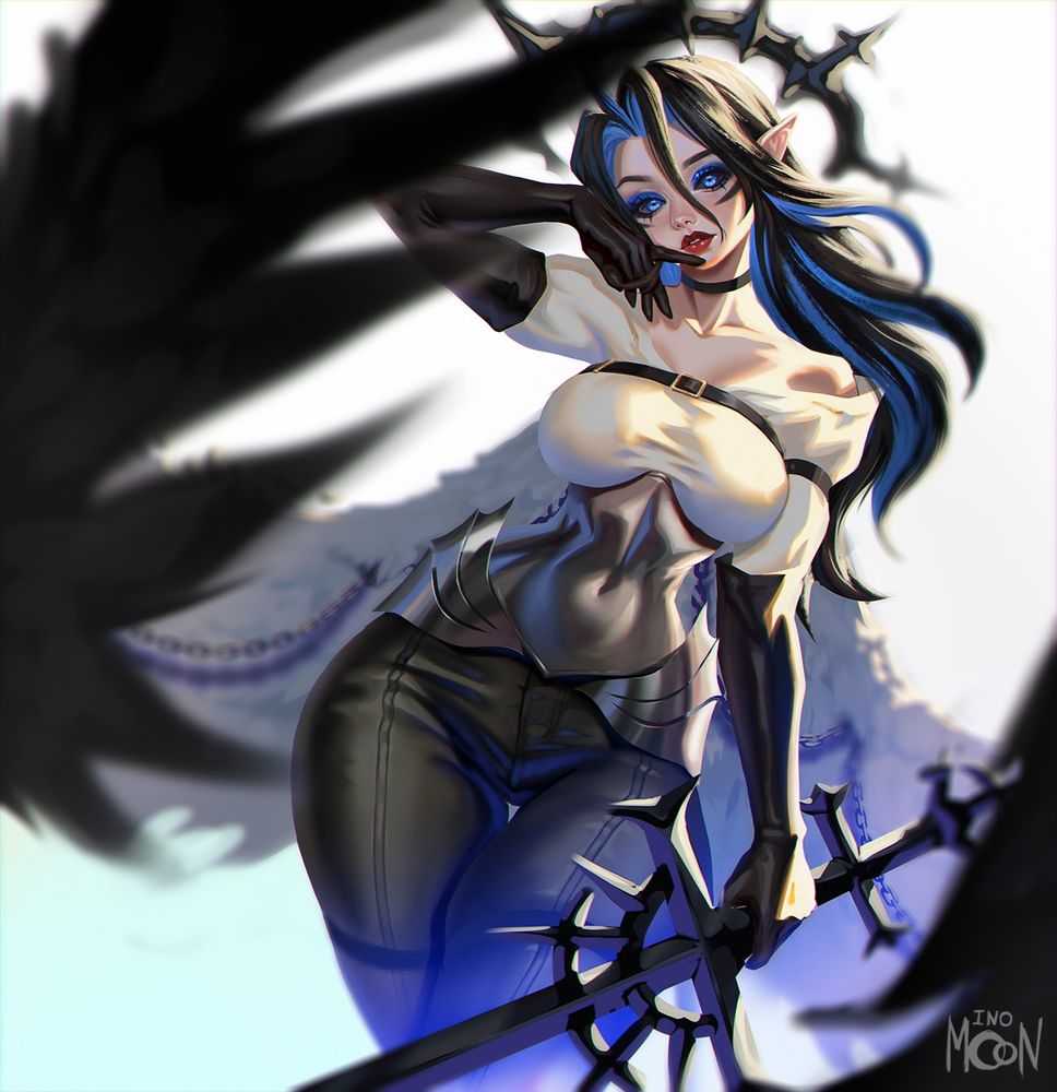 A dark-haired girl with wings, a sword in her hand