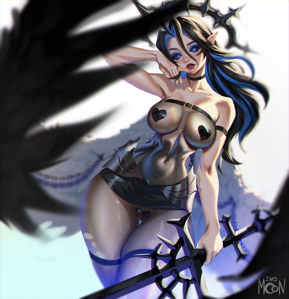 A dark-haired girl with wings, a sword in her hand