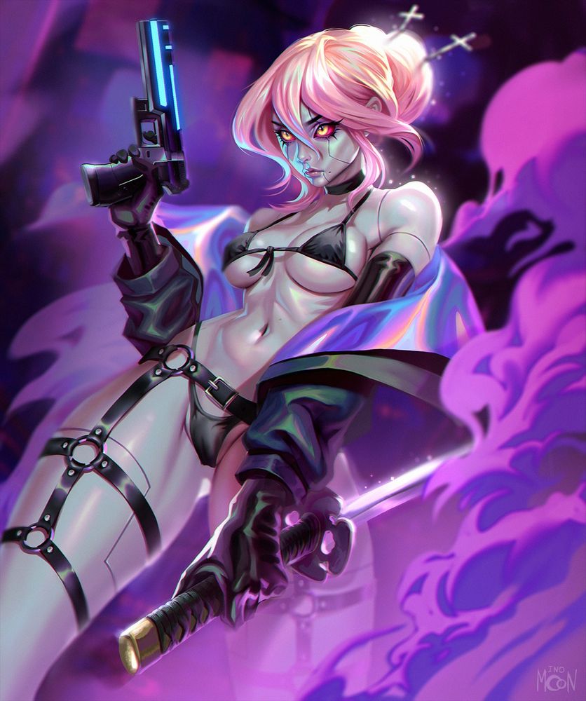 An android girl comes out of the shadows, holding a katana and a gun