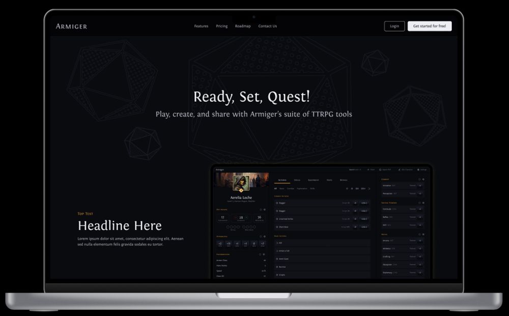Screenshot of Armiger.io's potential future homepage design. Design shows off main nav, a hero section, and the first of a few content blocks.