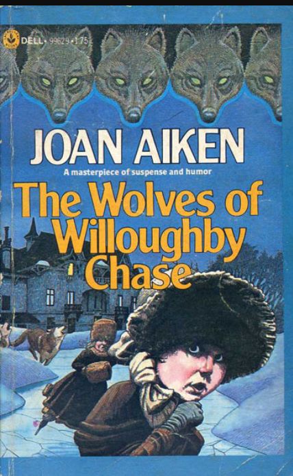 Cover of the 1981 edition of Joan Aiken's The Wolves of Willoughby Chase ( 1962). Forefront on the cover is a young girl child with pale white skin and a distressed look. She and the girl behind her are dressed in warm winter clothes and are skating away from a small group of ravening wolves. In the background is an English manor house. The sky is an evening shade of blue. Trivia: this book is an alternate history, set during the reign of the fictional King James the Third in the early 19th century. The book assumes James the II wasn't deposed during the Glorious Revolution of 1688. (On a personal note, this book instilled in me a life-long love of cheese) The series, the Wolves Chronicles is 11 books long. 