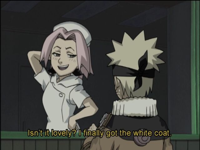 Sakura showing off her new uniform. "Isn't it lovely? I finally got the white coat."
