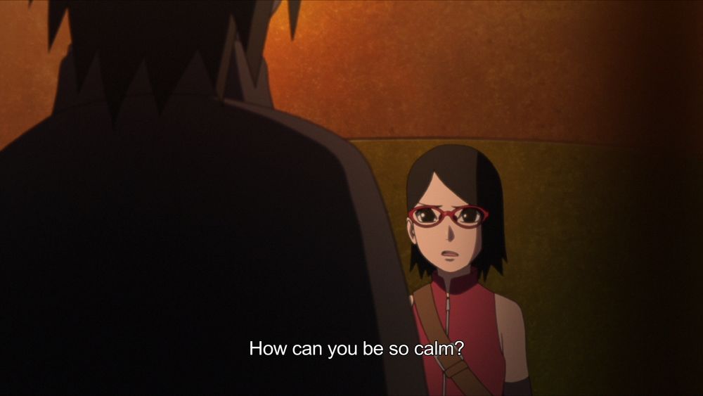 Sarada asking her dad why he and Naruto immediately start talking shop about how to track down the bad guy instead of freaking out about Sakura being kidnapped