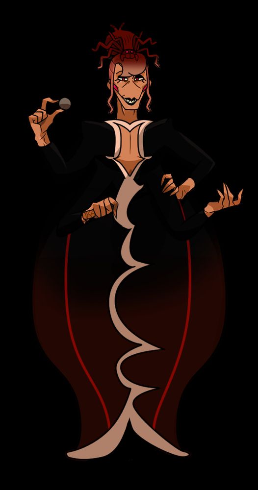 
Ms. Weaving, from Monster Prom 2: Monster Camp, dressed up as Chocolate Bonbon Cookie from Cookie Run. She is holding a monocle instead of her usual glasses and her hair has a color gradient similar to the character she's cosplaying. Additionally, Ms. Weaving seems to have bangs, more akin to Chocolate Bonbon Cookie's own hairdo.