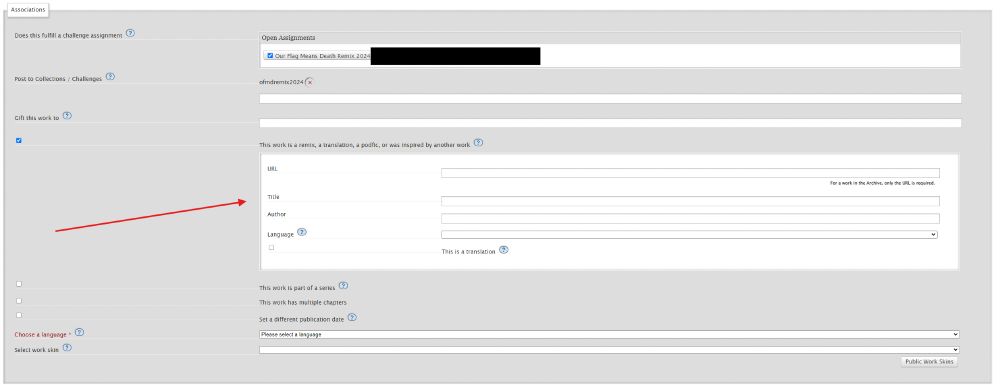 A screenshot of the 'Associations' box, with an arrow pointing to the section that has now appeared where the user can input the URL of the work they have Remixed. 