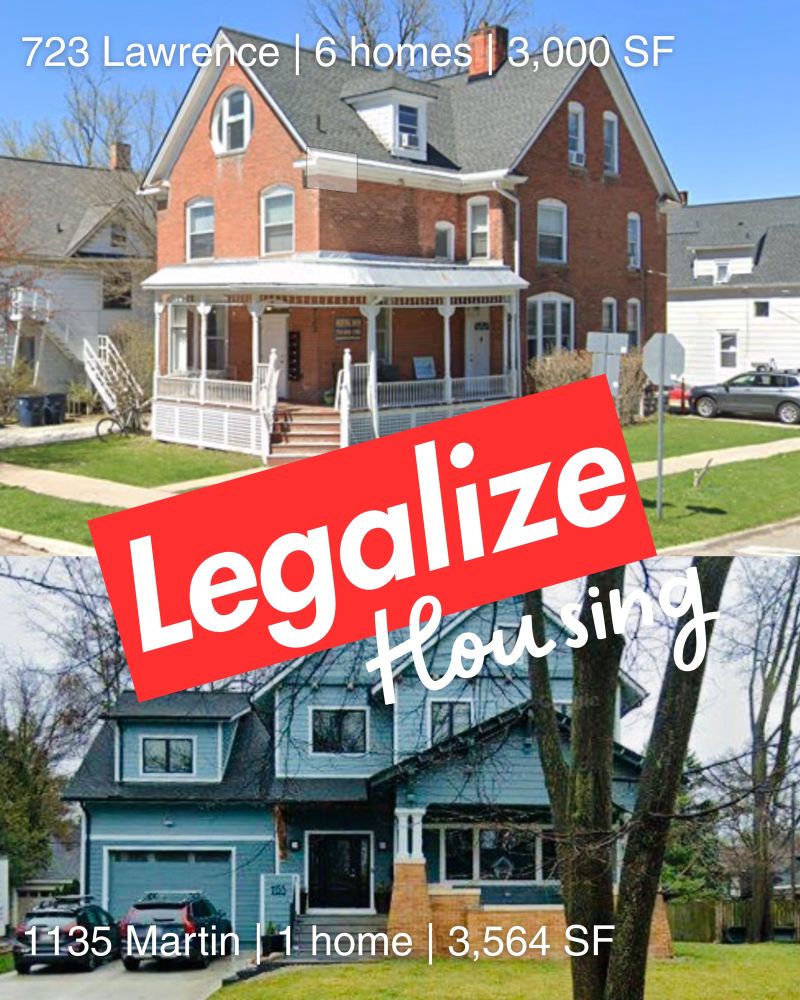 Photograph of two homes. One is a brick home with white trim and a front porch and the other is a blue with black trim. They are similar sizes but one contains only one home and the other has six!