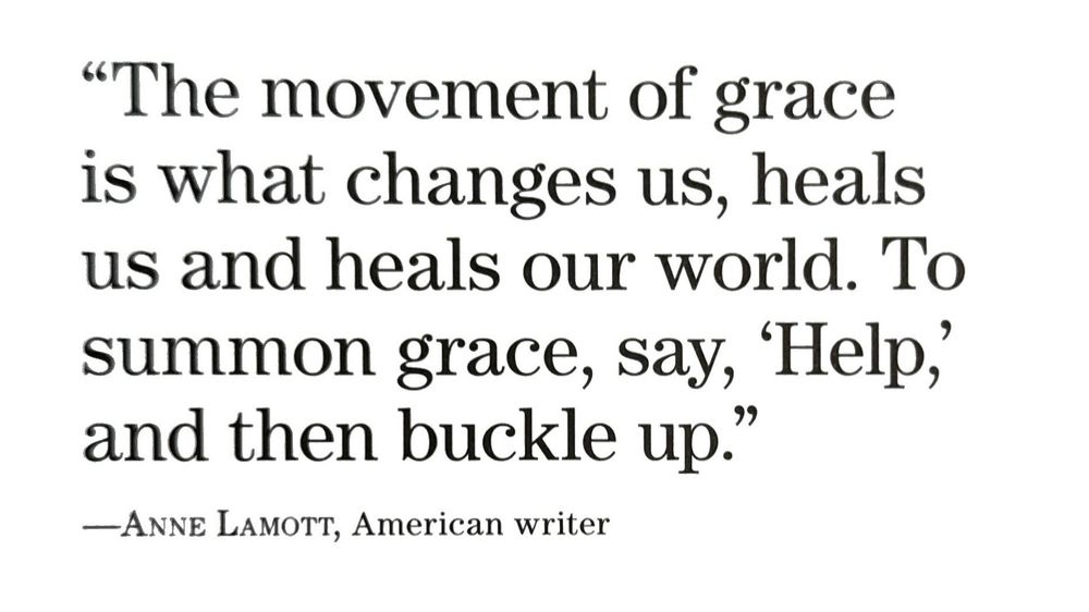 "The movement of grace is what changes us, heals us and heals our world. To summon grace, say, 'Help,' and then buckle up."
-ANNE LAMOTT, American writer