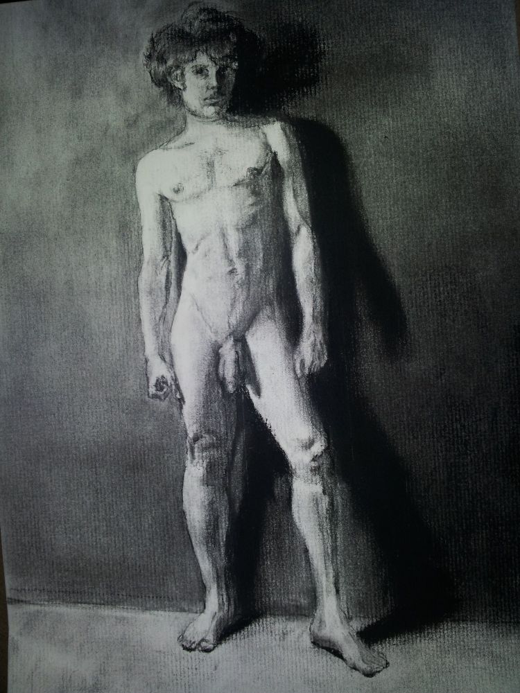 Charcoal drawing of a standing male nude with shaggy hair. 
