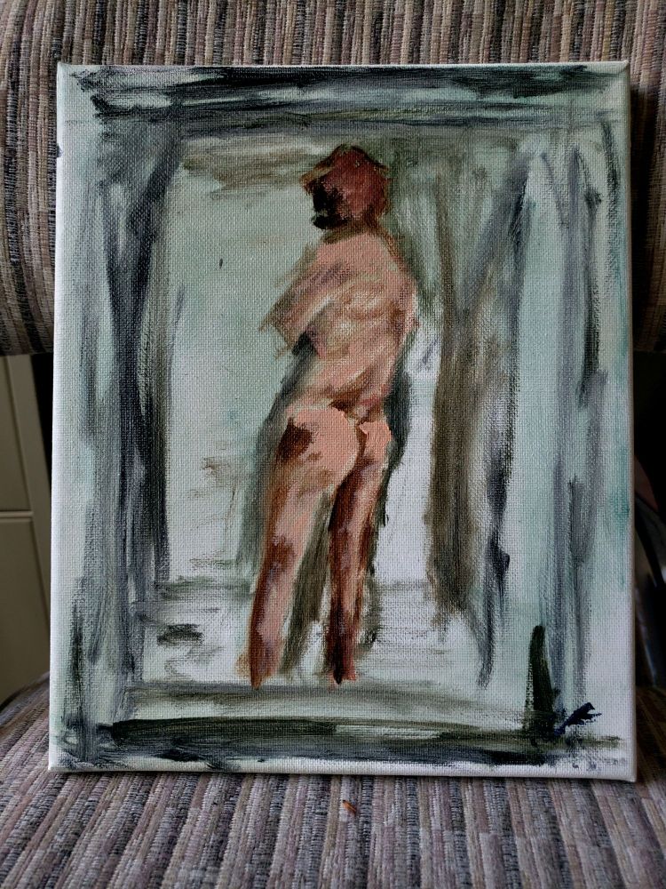 Quick sketch style oil painting of male figure in shower.  Model's rear and back view with slight twist in torso.  