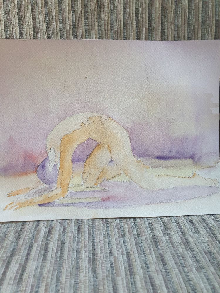 Male figure on all fours with back arched upward.  Water color painting in violets and yellow/oranges