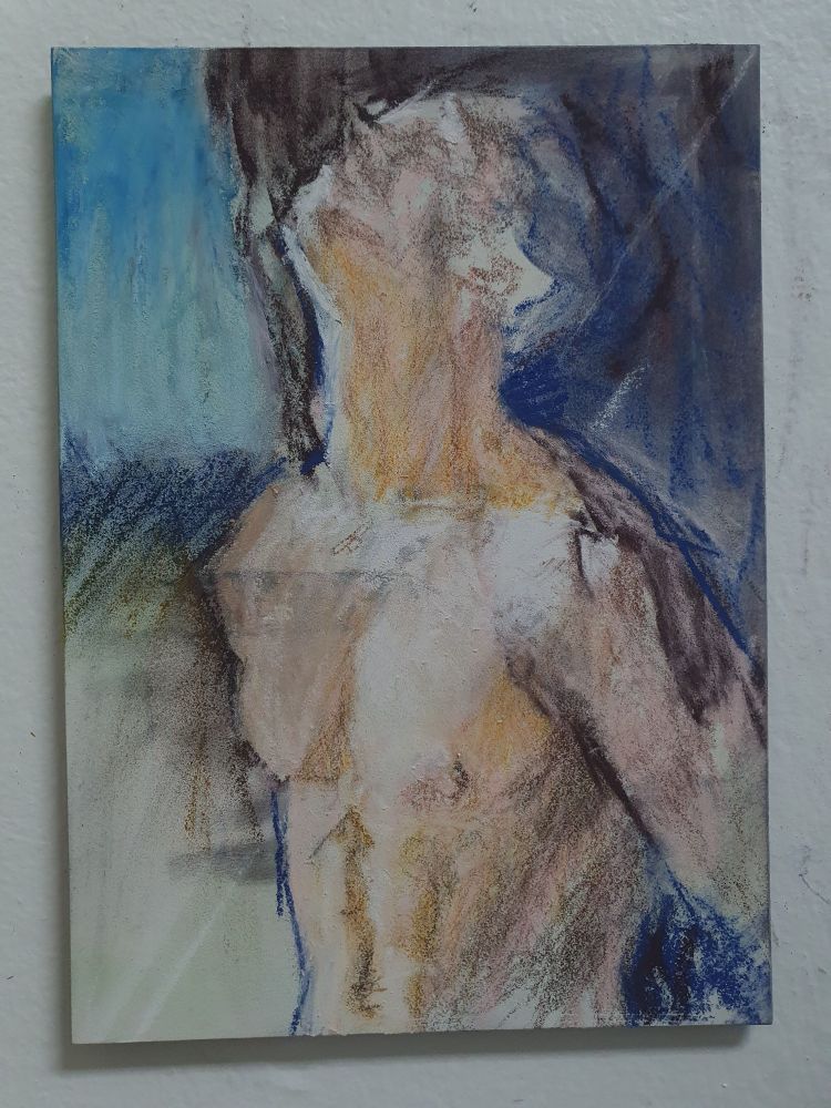 Oil pastel on clayboard. Subject is a standing,  shirtless male taking in sun rays. 